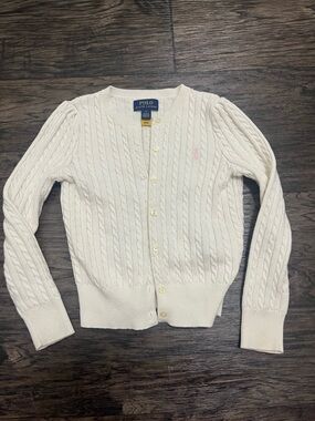 Polo by Ralph Lauren Cream Cable-Knit Button Cardigan with Pink Pony